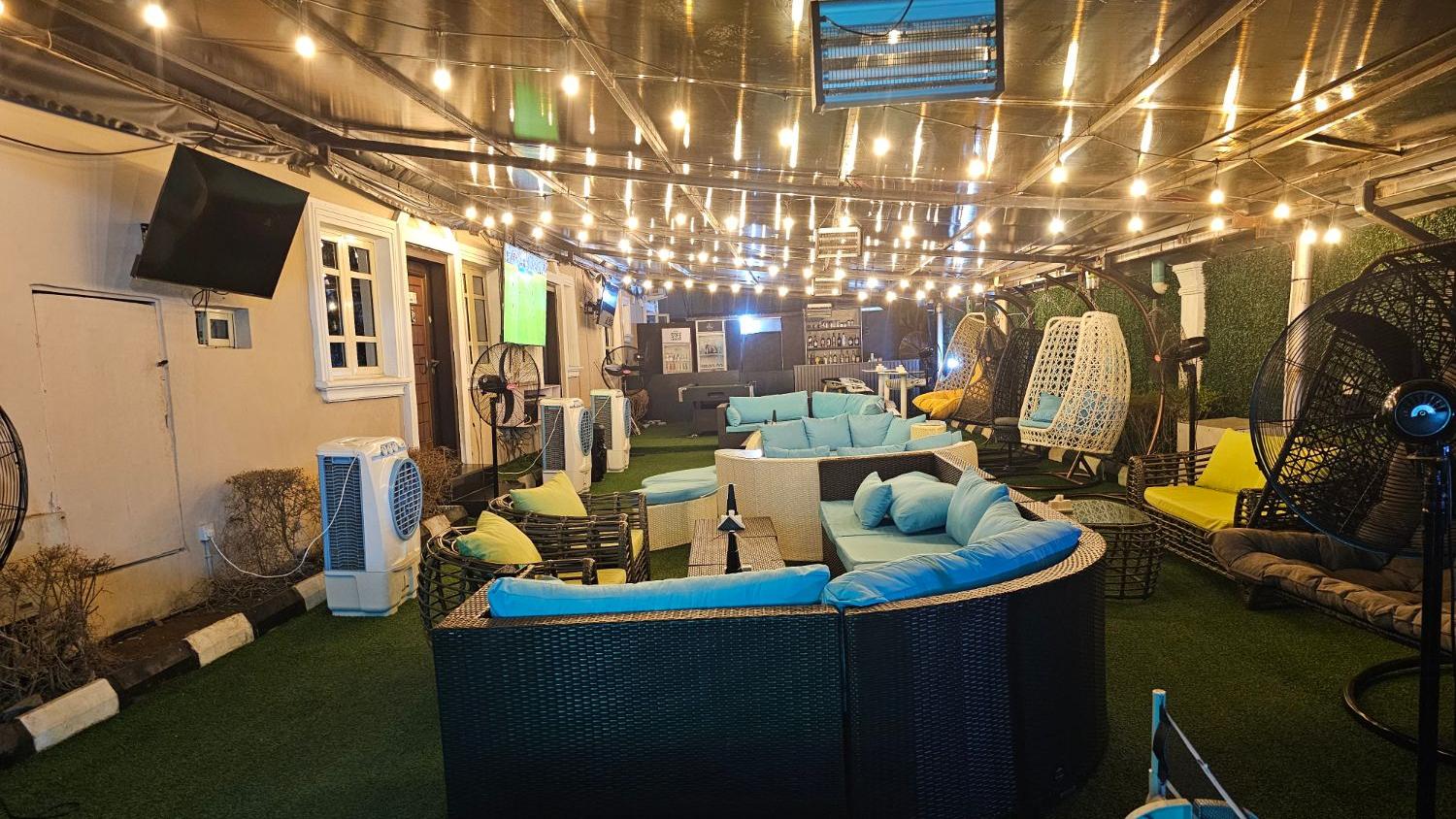 Outdoor event space with string lights